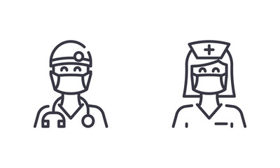 Female Nurse and Male Doctor Wear Medical Face mask to Protect Themself from Coronavirus or Covid-19. Outline Illustration Vector. EPS 10. Editable Stroke.