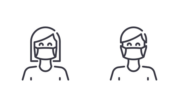 Woman And Man Wear Medical Face Mask To Protect Themself From Coronavirus Or Covid-19. Outline Illustration Vector. EPS 10. Editable Stroke.