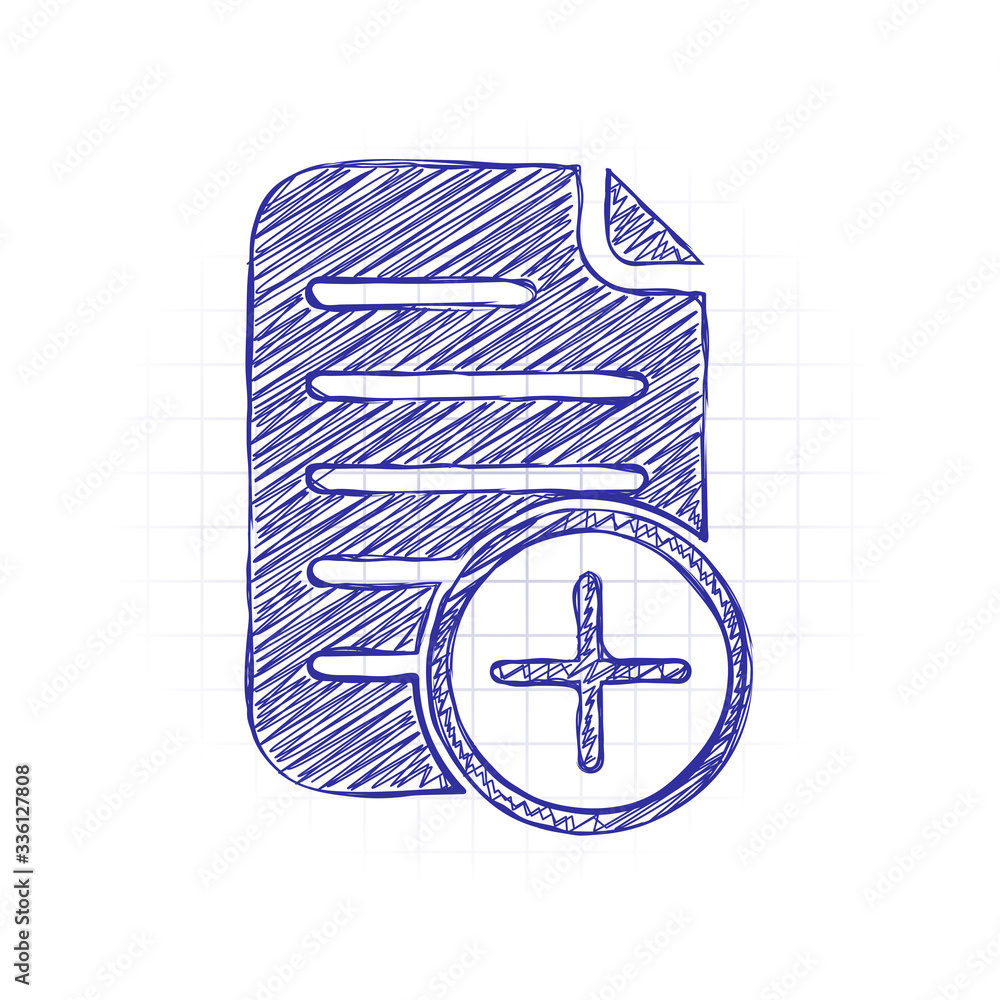 Poster add document icon, paper and plus in circle. hand drawn sketched picture with scribble fill. blue in