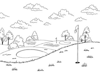 Golf course graphic art black white landscape sketch illustration vector