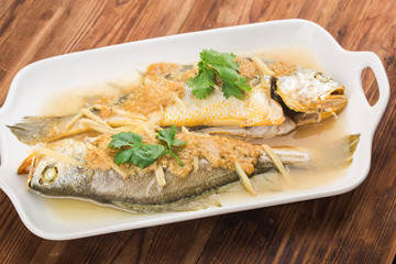 Oriental cuisine, traditional Chinese cuisine, steamed yellow croaker,