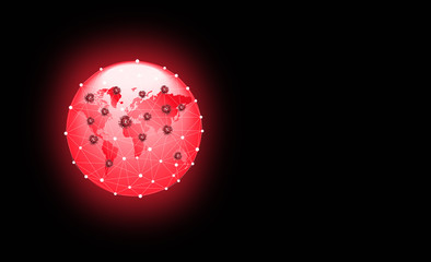 World map of Coronavirus COVID-19 spread on  Planet Earth globe with icon of coronavirus COVID-19 infected countries. COVID-19 outbreak and world pandemic disease, copy space, illustration.