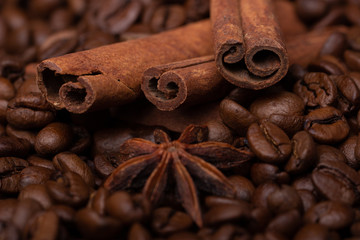 Star anise and cinnamon sticks on coffee beans