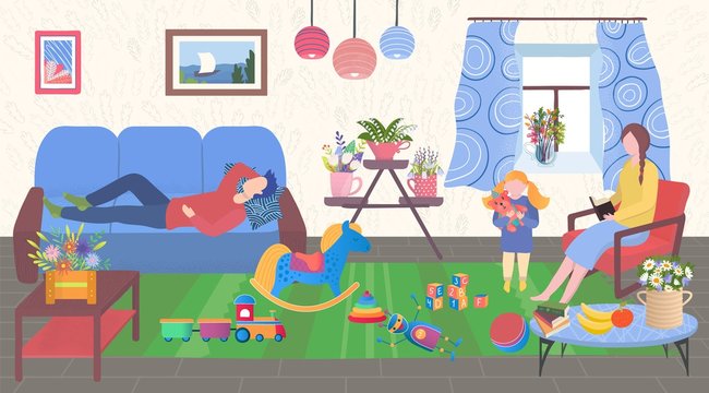 Family at home vector illustration. Cartoon flat mother sitting, reading book in living room, child playing toys, father sleeping on sofa. Parent character with kid in home interior with houseplants