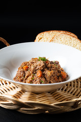 French local food Navarin d'agneau lamb or mutton slow cooker strew in white dish with copy space