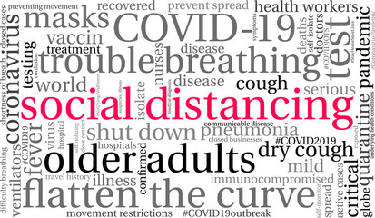 Social Distancing word cloud on a white background. 