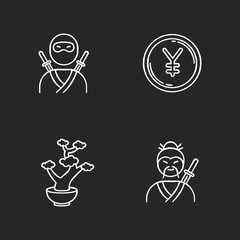 Japan chalk white icons set on black background. Ninja warrior. Yen coin. Bonsai tree in pot. Samurai, asian martial arts. Traditional japanese symbols. Isolated vector chalkboard illustrations