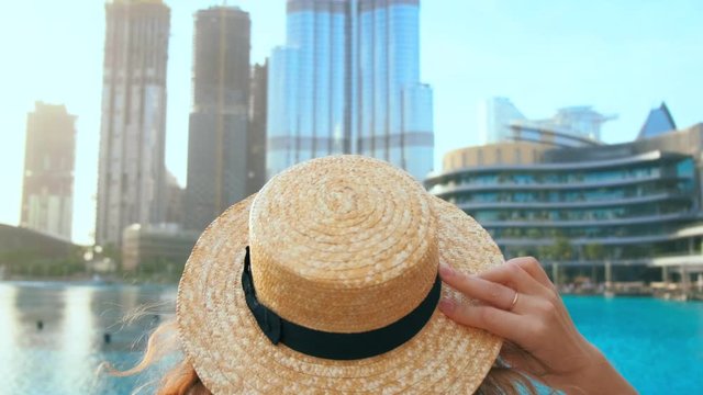  woman view skyscrapers city Dubai. United Arab Emirates UAE 2020. burj khalifa