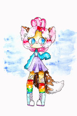 Cute watercolor fox girl stock illustration