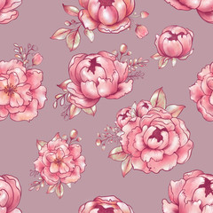 Seamless pattern, Pink flowers stylization, Peonies, sakura, apple tree, rose, Illustration procreate, Dark pink background