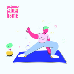 Stay home illustration and logo. The family is sitting at home. Quarantine or self-isolation. Healthcare concept. Fears of getting coronavirus. Global viral epidemic or pandemic. 