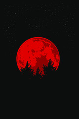 An silhouette illustration big blood moon and trees vector