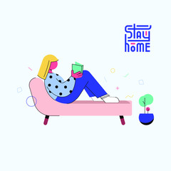 Stay home illustration and logo. The family is sitting at home. Quarantine or self-isolation. Healthcare concept. Fears of getting coronavirus. Global viral epidemic or pandemic. 