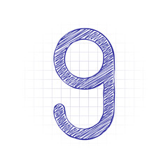 Number nine, numeral, simple letter. Hand drawn sketched picture with scribble fill. Blue ink. Doodle on white background