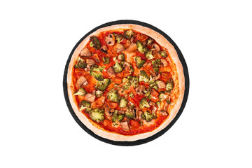 Pizza with veggie vegetables top view, on slate bottom isolated on white
