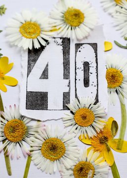 Fortieth  birthday card image, a stamped number forty  surrounded by pressed flowers, daisies and yellow lesser celandine wildflowers . A nature inspired, fresh background.  