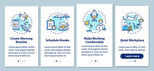 Work at home rules onboarding mobile app page screen with concepts. Schedule, comfortable and quiet workplace walkthrough 4 steps graphic instructions. UI vector template with RGB color illustrations