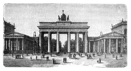 Brandenburger gate in Berlin / Antique engraved illustration from Brockhaus Konversations-Lexikon 1908 © Basicmoments