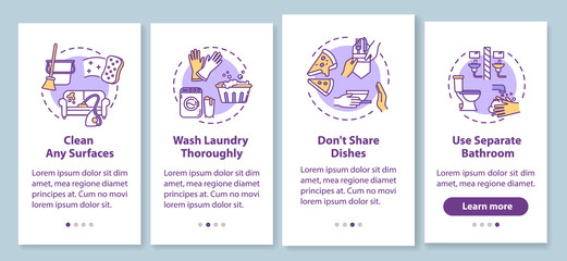 Household tips onboarding mobile app page screen with concepts. Cleaning surfaces, washing laundry thoroughly walkthrough 4 steps graphic instructions. UI vector template with RGB color illustrations
