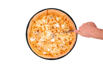 Pizza five cheeses on slate bottom, isolated on white, hand cutting pizza, top view