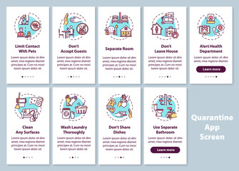 Naklejka premium Quarantine rules onboarding mobile app page screen with concepts. Self-isolation and household tips walkthrough 4 and 5 steps graphic instructions set. UI vector template with RGB color illustrations