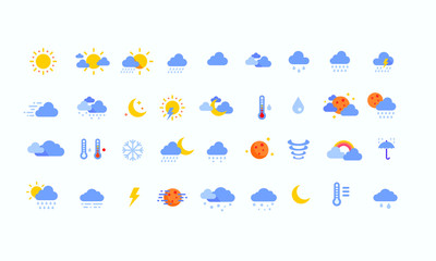 Collection of flat style icons or symbols for weather forecast - sun, clouds, wind, rain, snow, air temperature, moon.
