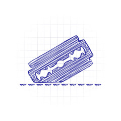 razor blade and cutting line. simple single icon. Hand drawn sketched picture with scribble fill. Blue ink. Doodle on white background