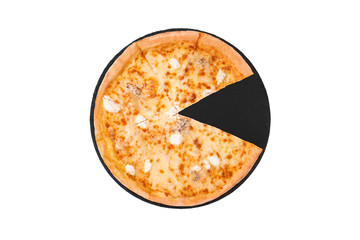 Five cheese pizza without a slice on slate bottom, isolated on white, top view, space for text