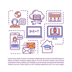 Distance learning, schooling concept icon with text. Online tution. Education, knowledge. PPT page vector template. Brochure, magazine, booklet design element with linear illustrations