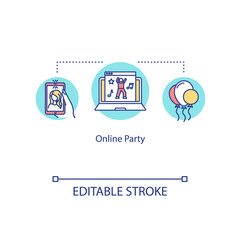 Online party concept icon. Video call with friends. Social distancing alternative. Quarantine communication idea thin line illustration. Vector isolated outline RGB color drawing. Editable stroke