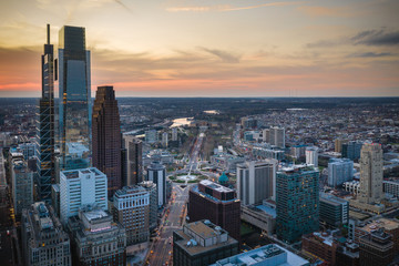 Fototapeta na wymiar Aerial of Philadelphia Sunset During Coronavirus Pandemic