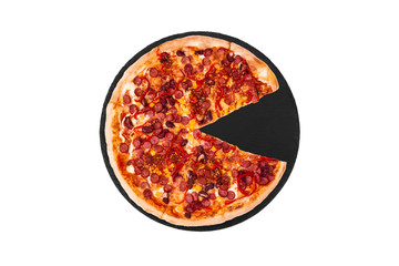 Pizza Mexico, without slice, on slate bottom, isolated on white, top view, space for text