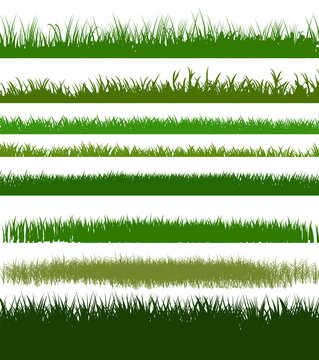 Grass silhouettes background. Set. Vector isolated. Green dense juicy lawn grass. Spring Summer. Isolated. Grassland landscape. Meadow. Horizontal Herbs Garden.