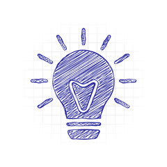 old bulb with light. simple single icon. Hand drawn sketched picture with scribble fill. Blue ink. Doodle on white background