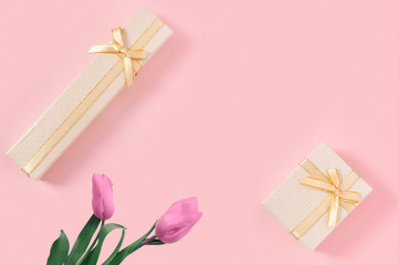 Beautiful pink tulips with gold gift box on  pink paper background.
