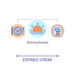Morning routine concept icon. Plan daily life. Early breakfast. Coffee at start of day. Selfcare measure idea thin line illustration. Vector isolated outline RGB color drawing. Editable stroke