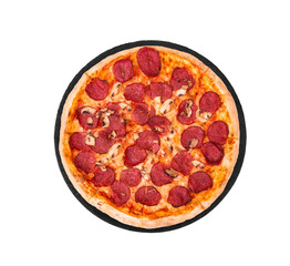 Salami pizza with mushrooms on slate bottom, isolated on white, top view