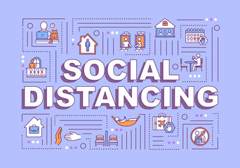 Social distancing word concepts banner. Self-isolation for personal safety. Infographics with linear icons on purple background. Isolated typography. Vector outline RGB color illustration