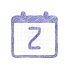 calendar with 2 day, simple icon. Hand drawn sketched picture with scribble fill. Blue ink. Doodle on white background