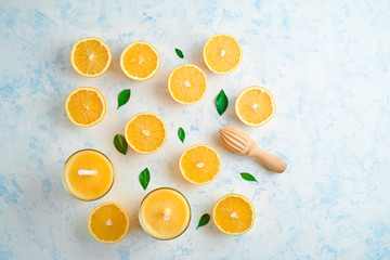oranges for making juice, pattern, on a blue background