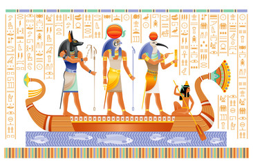 Egyptian papyrus with gods in boat. Anubis, Ra, Thoth, ancient Egyptian deities in old historical paper art. Vector illustration isolated on white. Ancient Egypt papyrus with hieroglyph script set. - obrazy, fototapety, plakaty