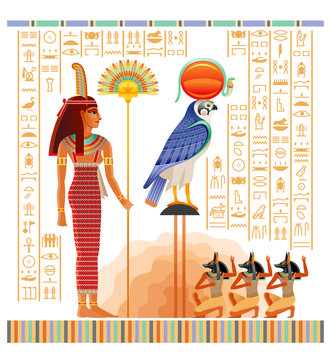 Egyptian Papyrus With Illustration From Tomb Of Nakht In Luxor, Afterlife Duat Vector. Gods Ra And Anubis, Maat Goddess With Ostrich Feather And Fan. Vector Ancient Egypt Papyrus With Hieroglyph Text