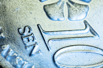 macro photography of 10 Malaysian ringgit cent. The bank negara ten cent coin of Malaysia. Sharp detailed capture of the Malaysia character on the RM 10 sen coin. microscopic picture of this coin © Holger