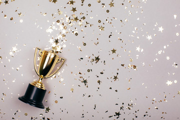 Sparkles grey background with a winners cup. Flat lay style. - 336135626