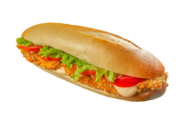 Schnitzel Baguette Sandwich with Lettuce  Tomato Mayo and Cheese 