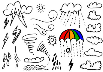 Weather Doodle Vector Set on white background.