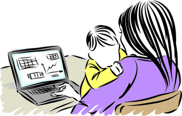 MOTHER WITH BABY WORKING FROM HOME VECTOR ILLUSTRATION