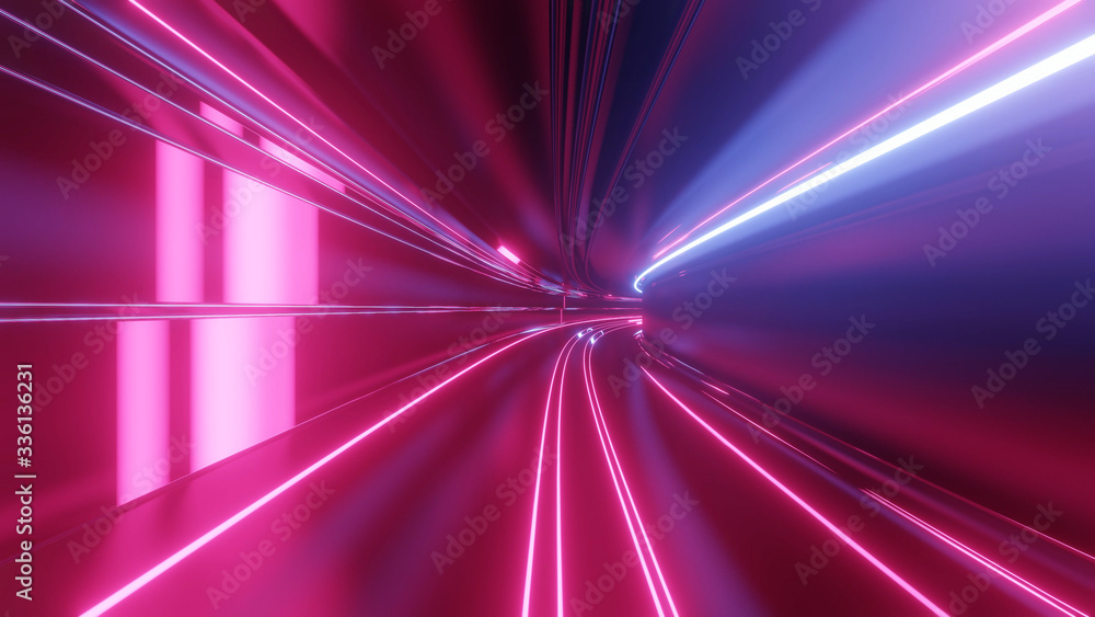 Poster sci-fi tunnel with neon lights. abstract high-tech tunnel as background in the style of cyberpunk or