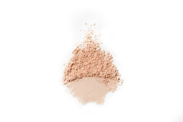 Makeup powder texture isolated on white background. Skin tone face cosmetic product sample.