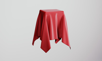 Red cloth cover an object. 3d rendering - illustration.